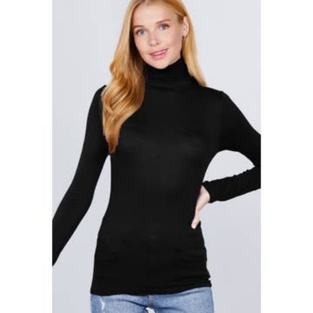 Black Second Skin Semi Sheer Turtleneck Long Sleeve Tee Shirt